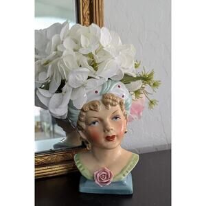 Lady Head vase Ucagco Ceramics Hand Painted Turban Rose Stamped Japan Blue Green